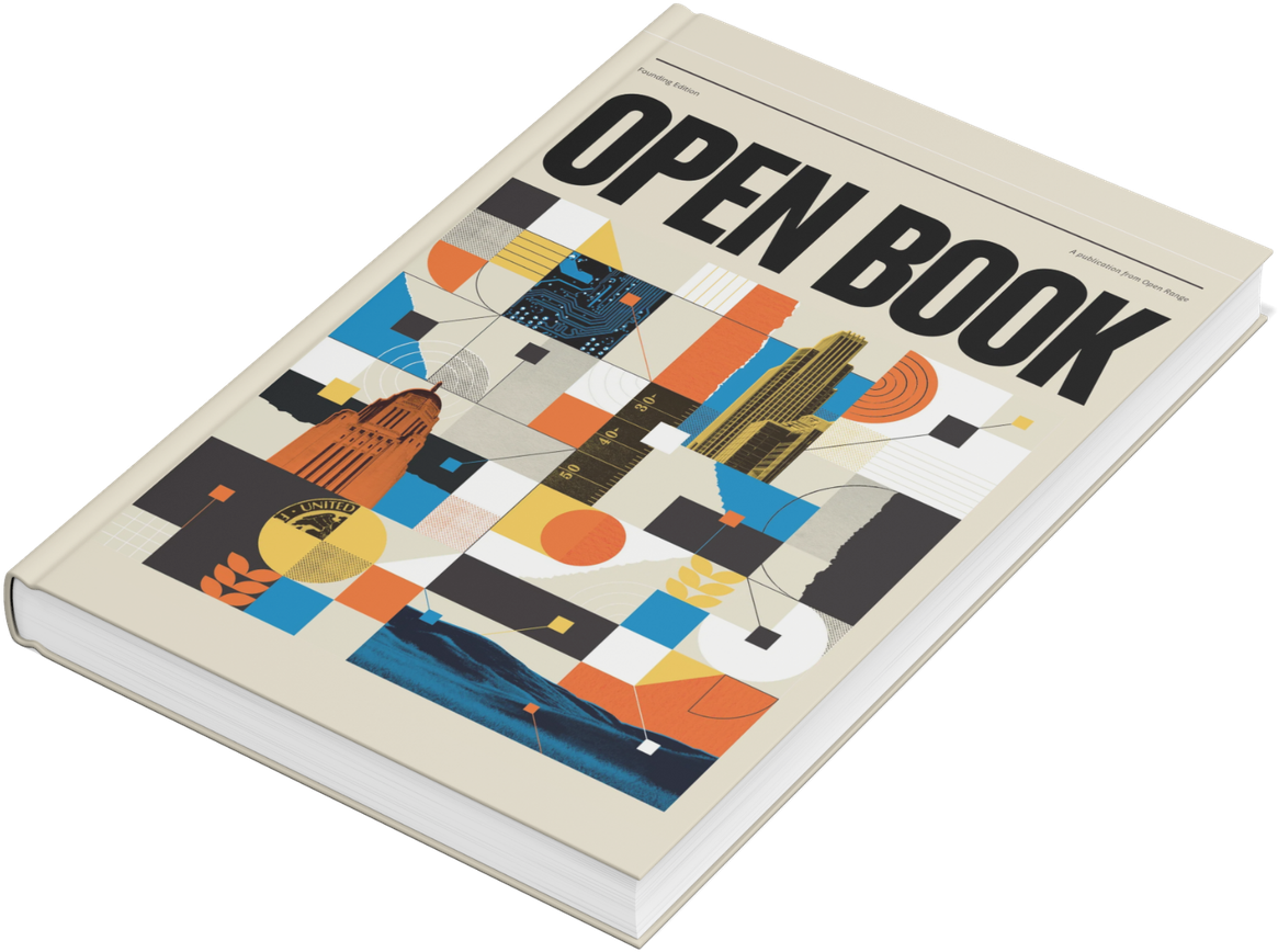 Open Book, Founding Edition: a hardcover book with a collage cover of Nebraska landmarks and geometric color blocks